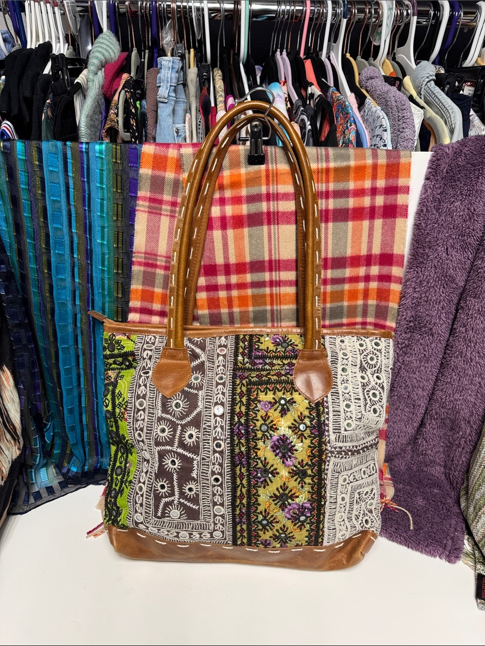 Embroidered Multicolor Patchwork Tote with Brown Trim